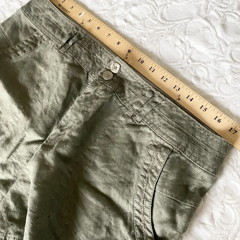 INC International Concepts Women 12 Olive‎ Green 100% Linen Shorts Rhinestone